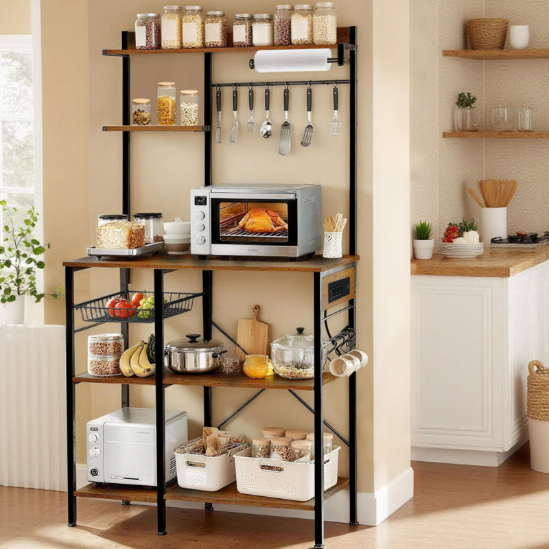 Étagère de boulangerie avec prise de courant, support à micro-ondes avec rangement, bar à café avec crochets en forme de crochets, étagère de cuisine avec panier en métal, étagère de boulanger en métal pour épices, casseroles (brun)