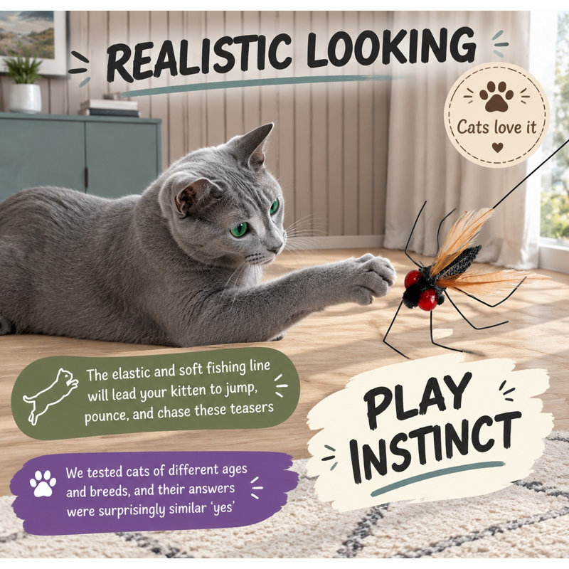 Fabriqués à la main et inspirés d'insectes naturels de type mouche, ces 2 accessoires en plumes servent de recharges pour les baguettes interactives pour chatons et les jeux d'intérieur pour chats.