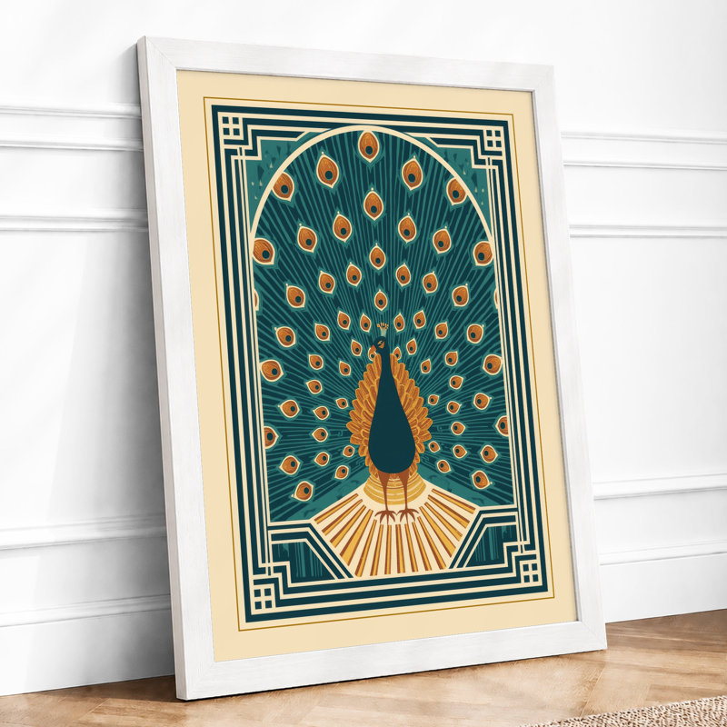 Peacock Art Deco - Framed Print, A2 - 59.4 x 42.0 cm, White