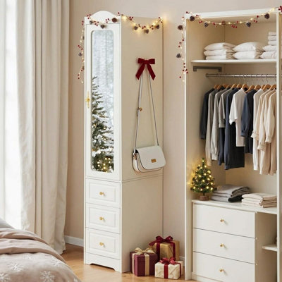 Wardrobe Armoire Closet With 3 Drawers, Mirror, Clothing Rod, And Motion Sensor LED Light For Bedroom, Open From The Right, White