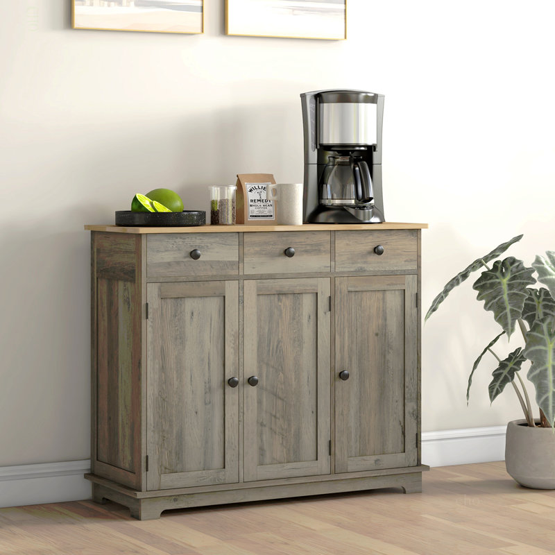 Buffet avec comptoir en bois massif, armoire de rangement moderne avec 3 tiroirs, portes et tablette réglable, Gris