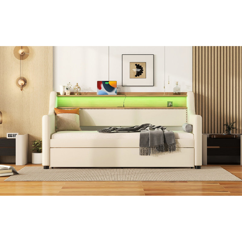 Lit de jour simple avec couchette beige, Beige