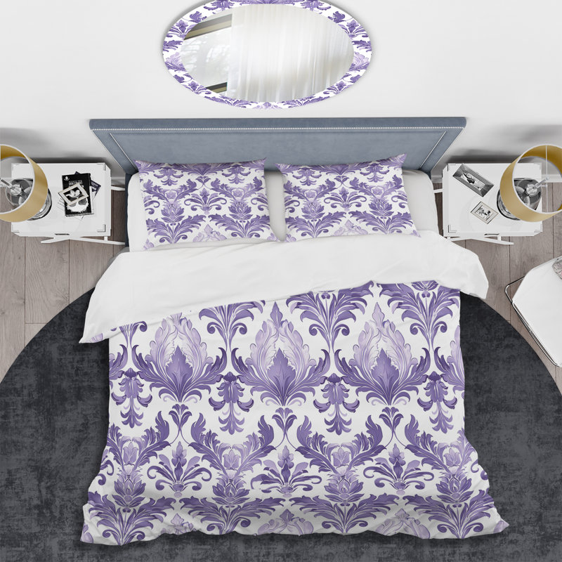 Ensemble de housse de couette transitionnel Lavender White Damask Bliss I, Housse de couette simple et deux taies décorative