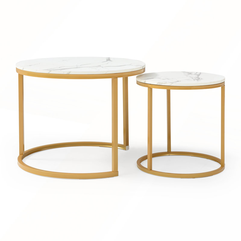 Set of 2 Modern Industrial Nesting Coffee Tables with Golden Frame and Marble Pattern, Gold+White