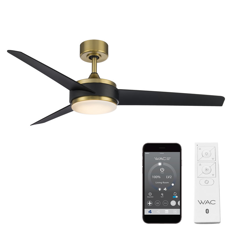 54" Satin Brass and Matte Black Smart Ceiling Fan with LED Light and Remote