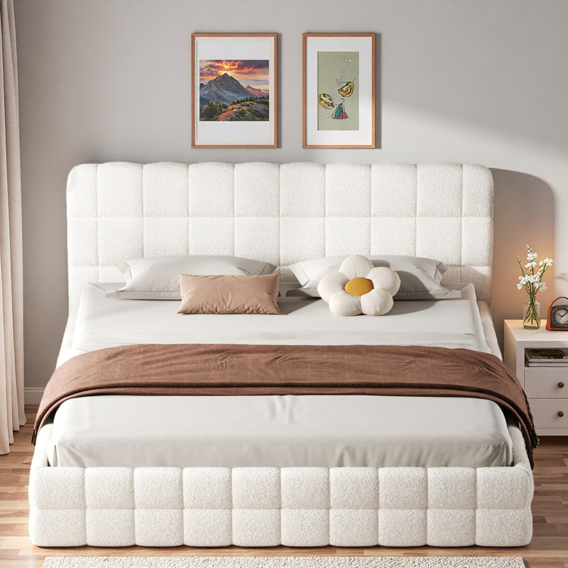 Très grand lit plateforme tapissier, blanc, Blanc