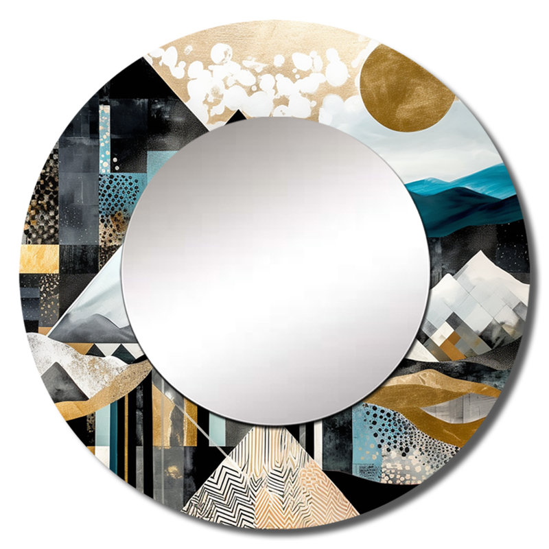 Gunndis Teal And Gold Geometric Harmony - City Wall Mirror, Teal Round Decorative Mirror, Printed Metal Art, 36" x 36"