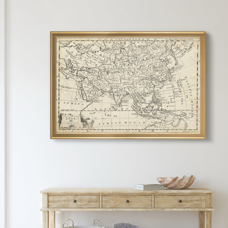 Carte de l’Asie-impression d’art graphique sur toile encadrée, Encadrement doré, H 18,5 po x l 24,5 po x P 1,5 po