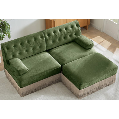 Tissu en velours confortable respirant en forme de L, canapé Chesterfield à jupe à pampilles, combinaison libre, accoudoirs carrés légèrement incurvés, base en bois de qualité supérieure, facile à assembler, pour le salon, la chambre à coucher