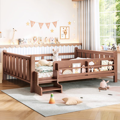 Queen Size Solid Wood Floor Bed With Storage Bookcases, Cute Stairs, Guardrails For , Natural Color, No Box Spring Needed, Ideal Independent Sleep Storage, Guardrails, ' Night's