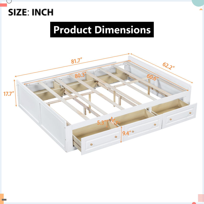 Élégante base de lit plateforme en bois blanc avec 6 tiroirs de rangement, White