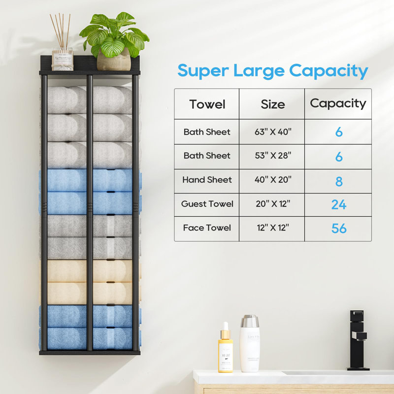 Towel Racks for Bathroom Wall Mounted with Wooden Storage Shelf, 3 Bar Metal Towel Holder for Rolled Towels, Rustic Sturdy and Large Capacity, Towel Storage Organizer, (Modern Black)