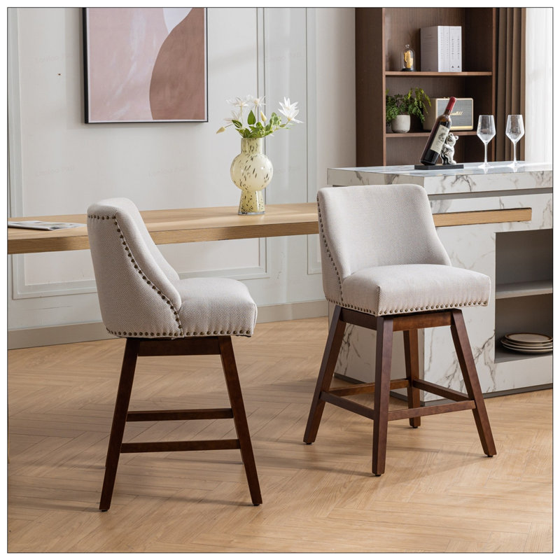 Tabourets pivotants avec pieds en bois, ensemble de 2, Beige