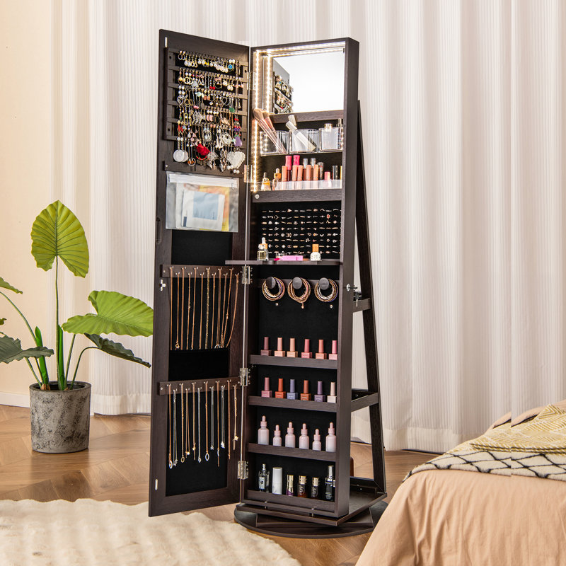 Armoire à bijoux pivotante à 360 ° 3 modes DEL verrouillables , Brun