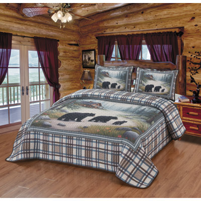 COUVERTURE KING AVEC 2 TAIES D'OREILLER BEAR FAMILY CABIN TRAIL