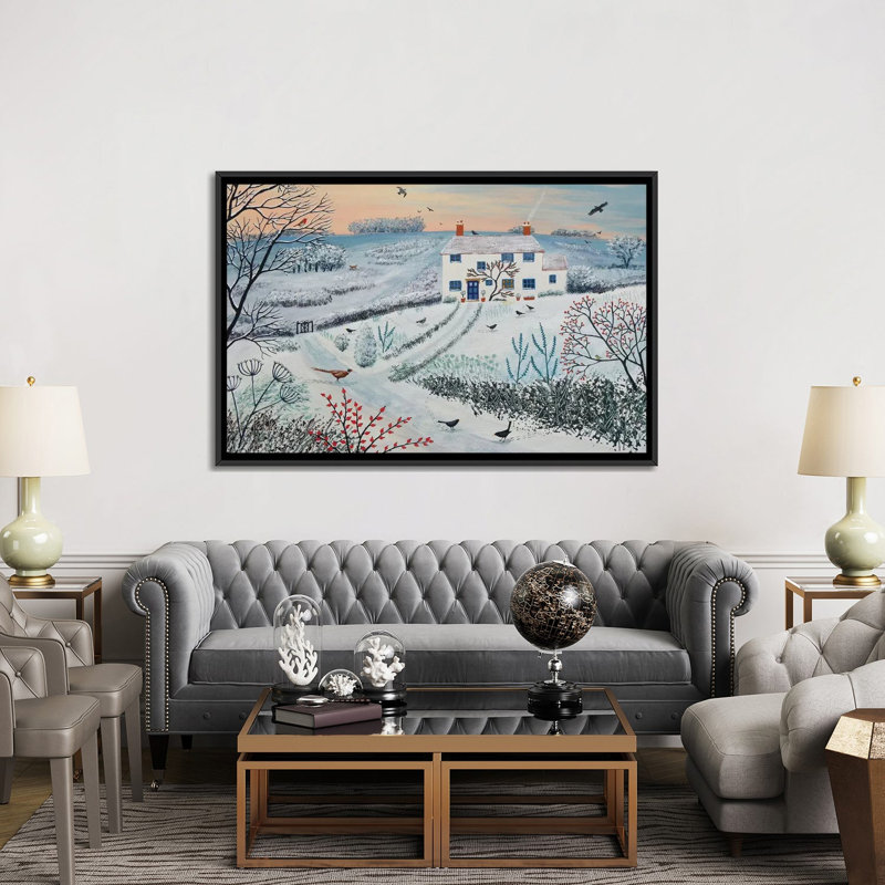«Cottage by Winter Common», impression sur toile, H 40 po x l 60 po x P 1,5 po, Toile avec cadre noir, Pas de tapis