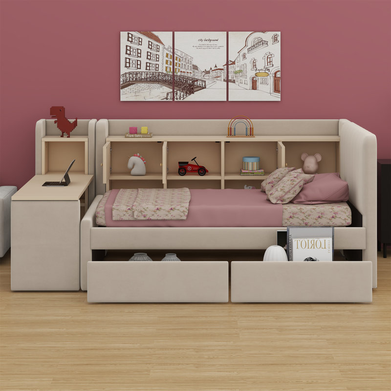 Lit de jour rembourré avec tiroirs, tablettes, armoires rabattables et table d'appoint, Beige