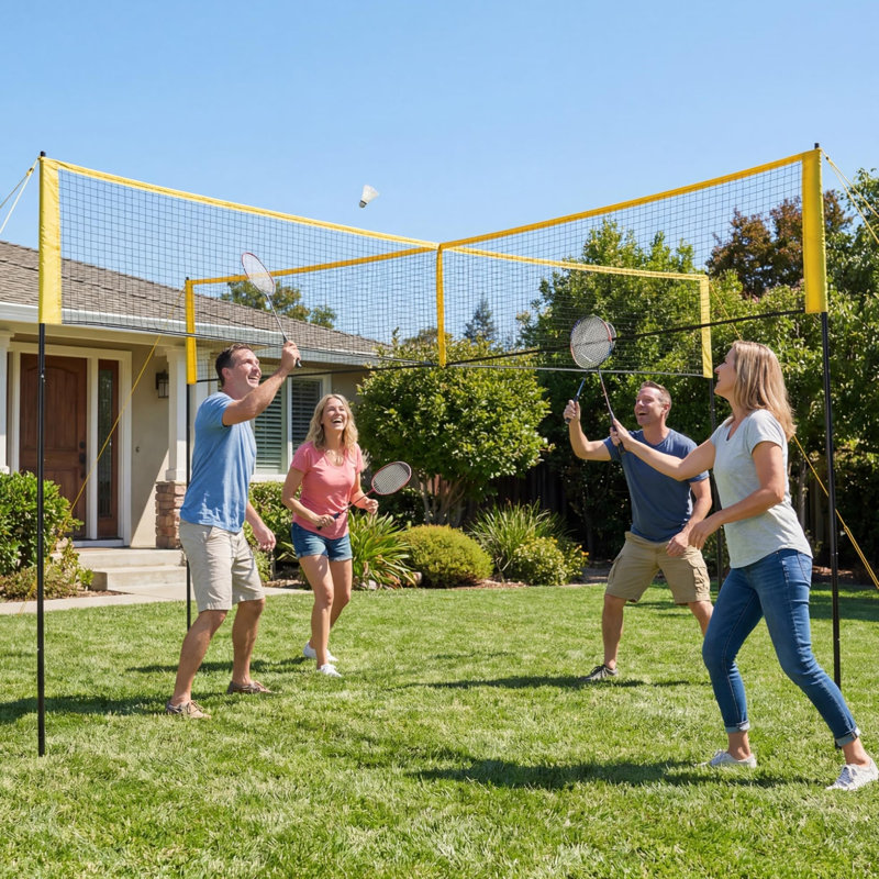 Ensemble de 4 filets de volleyball carrés 14 pi, 3 hauteurs réglables, filet de polyéthylène portatif avec sac de pompe à balle pour les jeux de plage