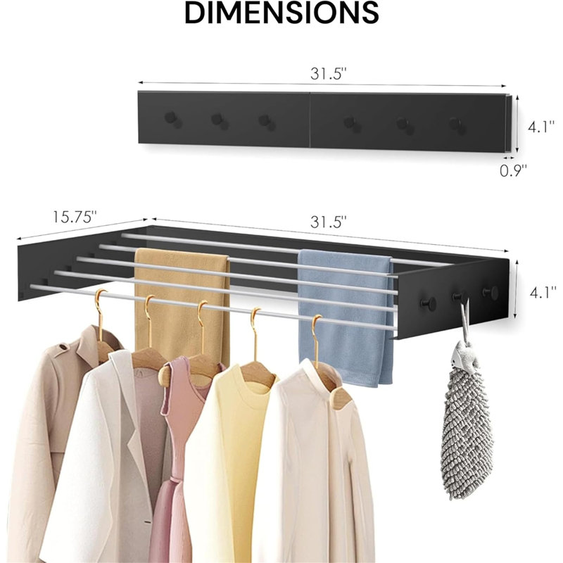 Foldable Wall Mounted Drying Rack - 31.5" Capacity, Black