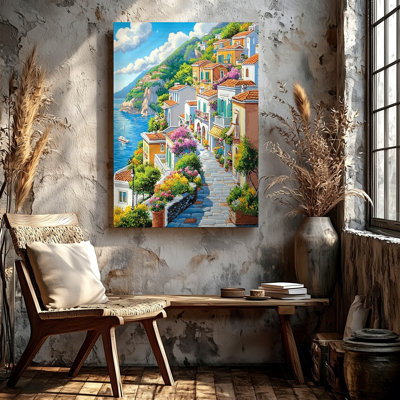 Coastal Mediterranean Village Seascape Floral Street Canvas Wall Art Print, Floral Botanical Decorative Wall Decor For Living Room Bedroom Office, Floral Home Decor, Gallery Wall Home Accent