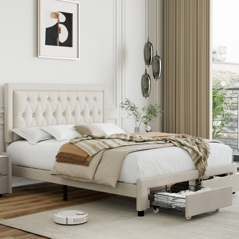 Ensemble de chambre à coucher moderne en bois 3 pièces avec lit plateforme et 2 tables de chevet