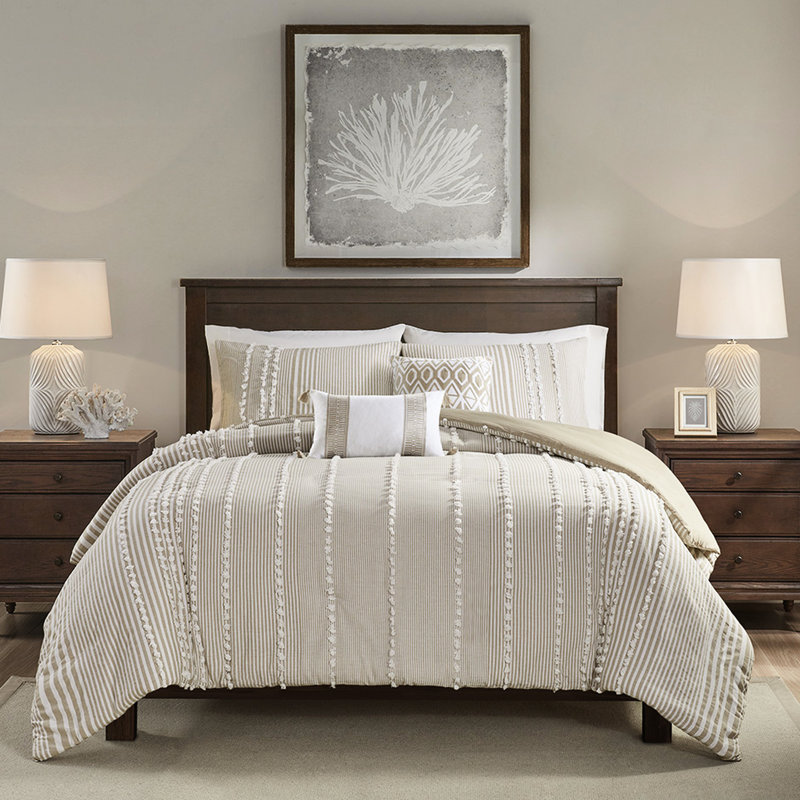 Ensemble de housse de couette 100% coton teinté très grand avec des rayures taupe et blanches en chenille fine 3 pièces
