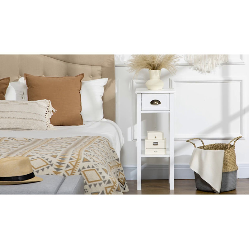 Gray Wooden Narrow End Table with Drawer and Shelf