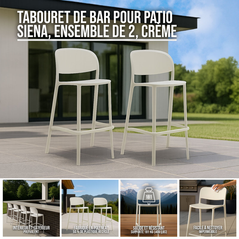  Tabouret de bar Siena, crème 2PK, Crème