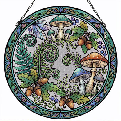 Mushroom Fern Stained Glass Window Panel，7.8H