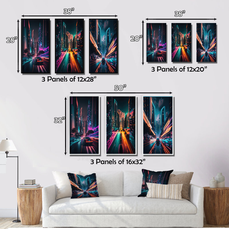 «Futuristic Miami Neon Art», 3 pièces sur toile, Naturel, H 20 po x l 36 po