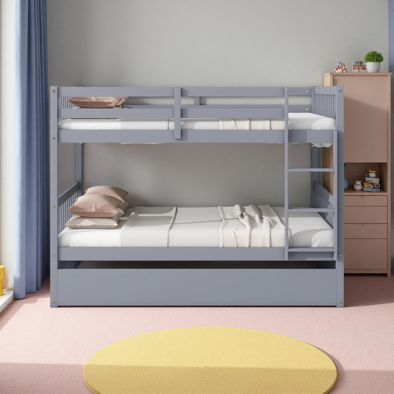 Full Over Full Rubber Wood Bunk Bed With Trundle, Ladder And Guardrails, Convertible To 2 Full Size Beds, With Twin Size Trundle