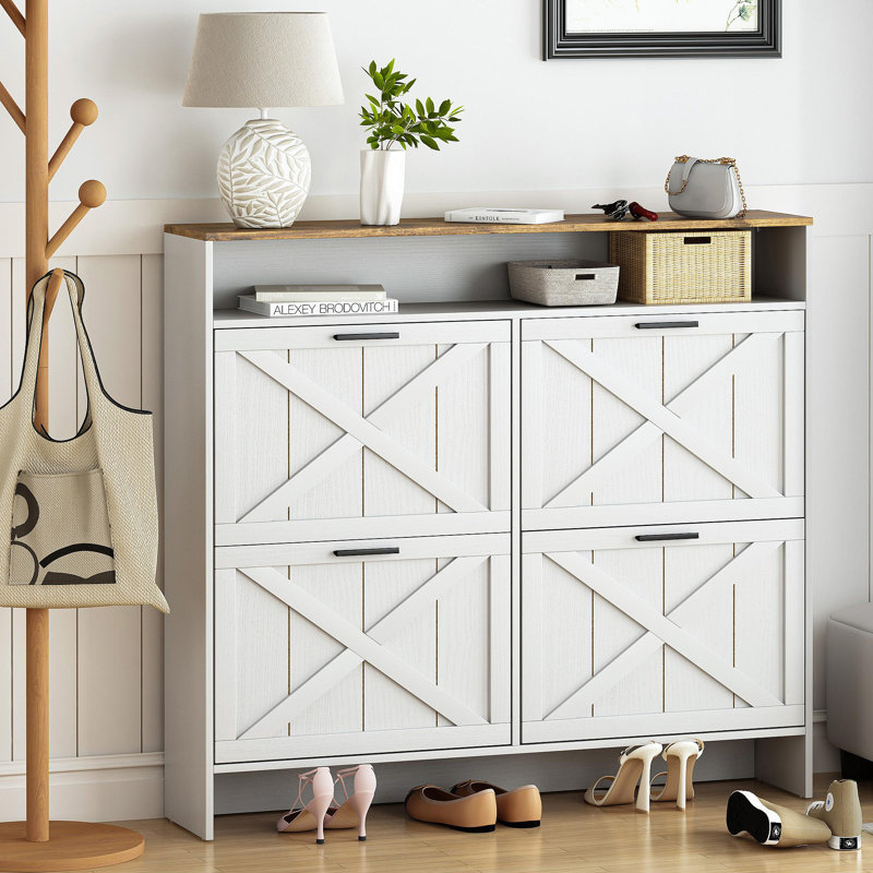 Armoire de rangement pour chaussures avec 4 tiroirs rabattables, étagère à chaussures anti-basculement pour entrée, blanc rustique