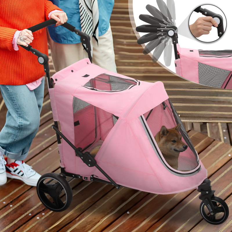 Large Gray Steel Frame Dog Stroller with Rubber Wheels