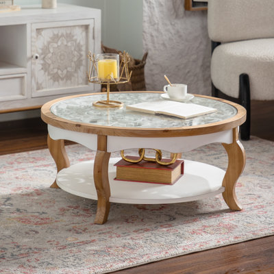 Table basse ronde en bois avec plateau en verre, table centrale circulaire en bois massif avec pieds incurvés et plateau en verre trempé amovible, table basse pour le salon, espace restreint, assemblage facile