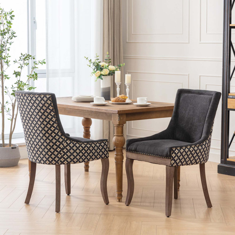 Chaise de salle à manger d'appoint, chaises en tissu épaissi avec pieds en bois massif, ensemble de 2, Noir