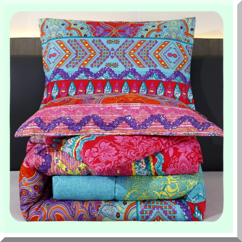 Colourful Boho Chic Queen Comforter Set - 3 Piece Reversible Bedding Retro Print. Soft Microfiber, All Season Bed Set for Bohemian Style Bedroom.