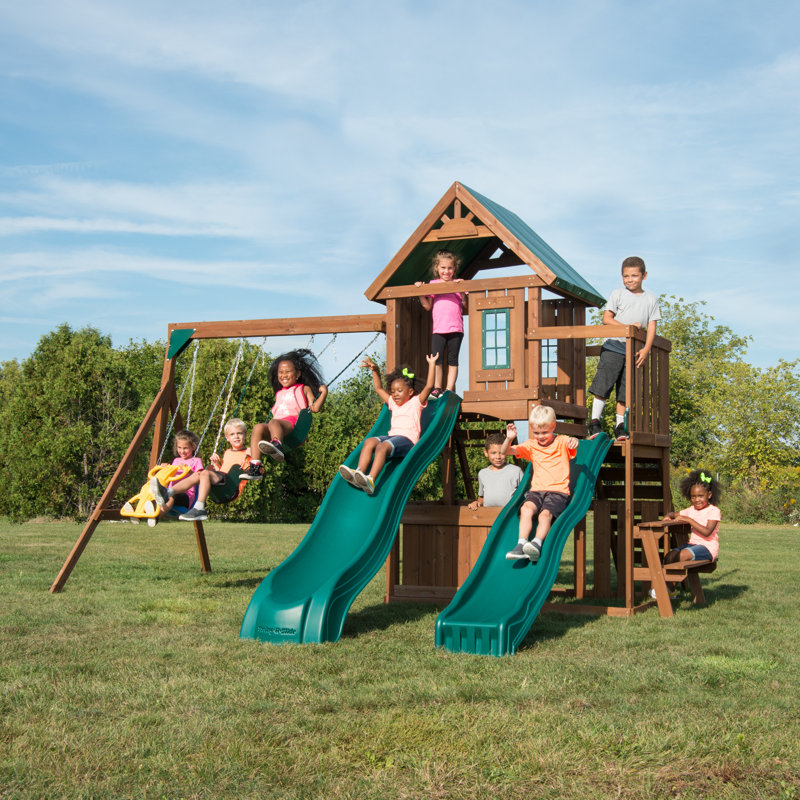 Fox Run Wooden Swing Set with 2 Slides, Swings and Climbing Wall