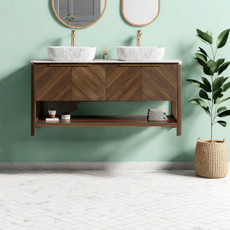 Ensemble meuble-lavabo et lavabo haut de gamme de 152 cm (60 po), rangement moderne avec comptoir en marbre