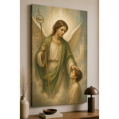 Large Archangel Raphael Healing Angel Staff Christian Catholic Wall Art Canvas Print 24x36 Inch  Artwork for  Living Room, Bedroom, Home, Prayer Room-Ready to Hang