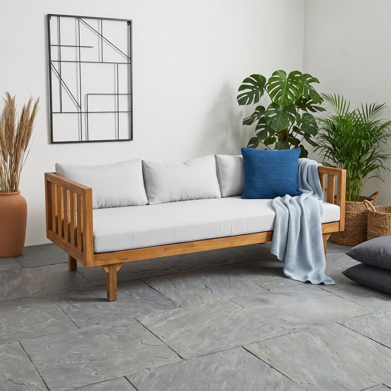 Lit de jour d'extérieur en bois d'acacia avec coussins résistants à l'eau et cadre à lattes, TeakLightGray