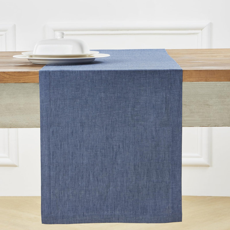 100% Pure Linen Table Runner - Athena, 144" x 14", Blue Denim
