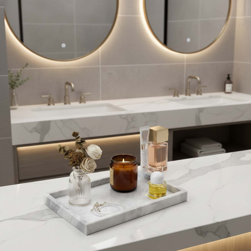 Organisateur de plateau rectangulaire en marbre naturel avec veines uniques pour la salle de bain, la cuisine et la maison