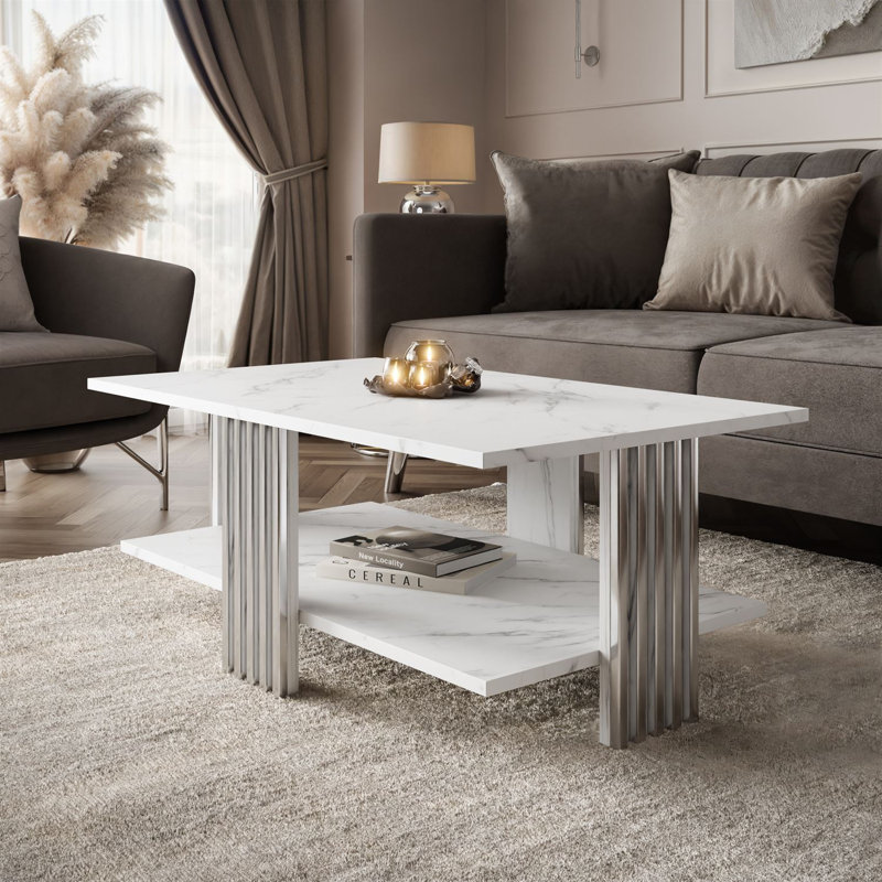 Four Leg Coffee Table with Storage, White, Silver, Marble