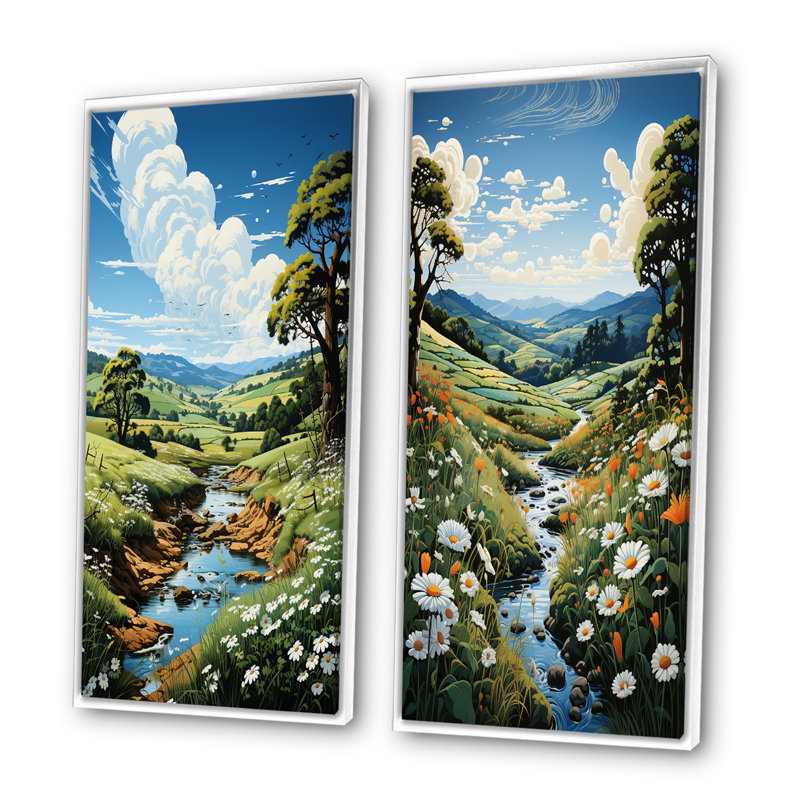 «Countryside River Bend», 2 pièces sur toile, Cadre blanc, H 20 po x l 24 po