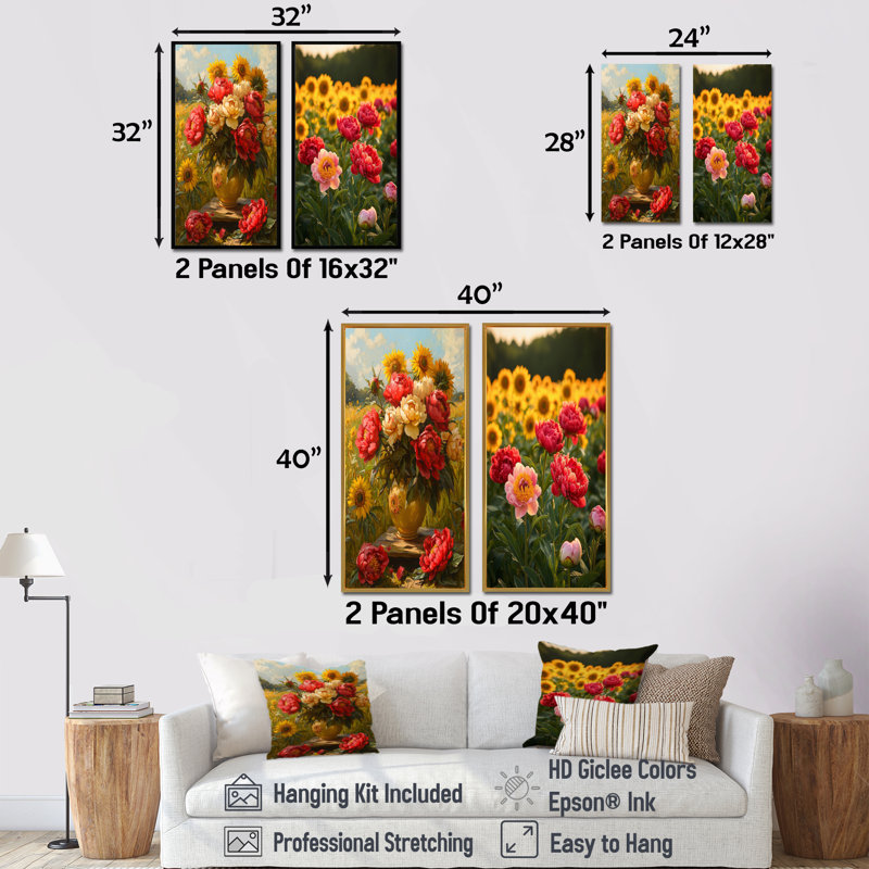 Pivoines par le champ de tournesols I - décoration murale en toile florale 2 panneaux, H 40 po x l 41 po, Cadre flottant doré