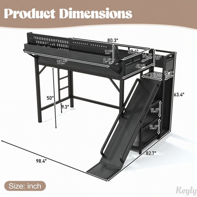 Lit mezzanine avec glissade, étagères de rangement et garde-robe