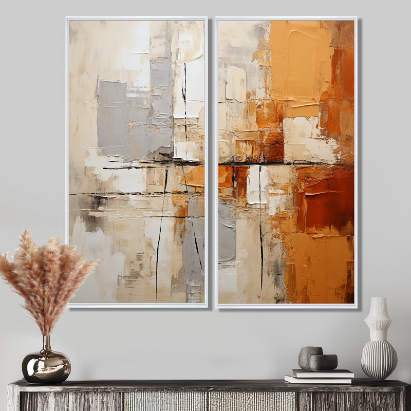 Impressions gris, jaune et orange - Décoration murale moderne 2 panneaux, H 20 po x l 24 po, Impression encadrée flottante