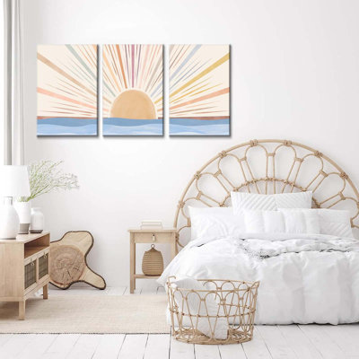 3 pièces encadrées Boho toile Art mural lever de soleil ligne jaune photos impressions murales modernes Mid-Century arc-en-ciel affiches nature pour le salon chambre salle de bain bureau décoration de la maison 12 x 16 po x 3