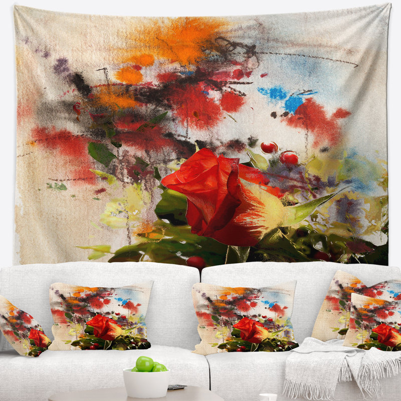 Tapisserie aquarelle de roses florales et de soleil, H 32 po x l 39 po
