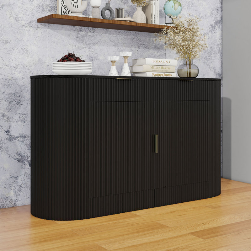 Modern Sideboard with 2 Drawers, Curved Doors, 3-Tier Shelves and Storage Cabinet, Black